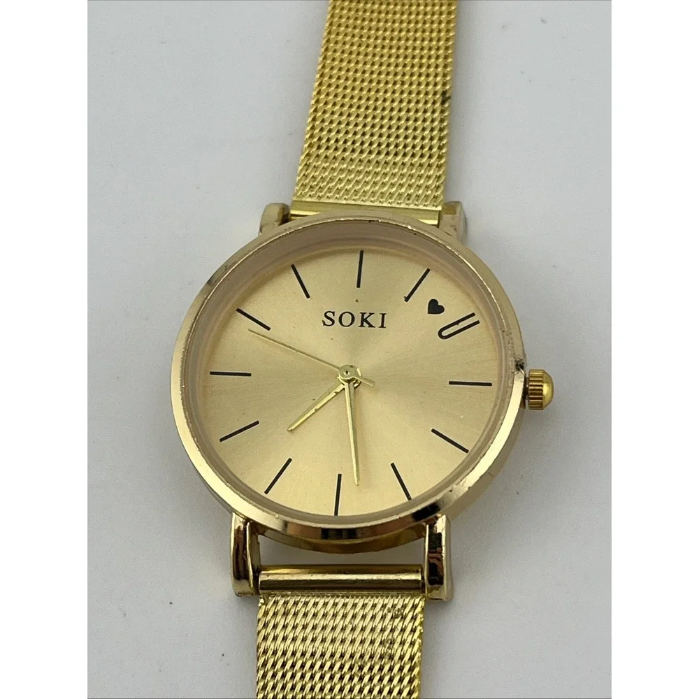 Soki‎ Watch Women 30mm Gold Case Mesh Metal Band- New Battery